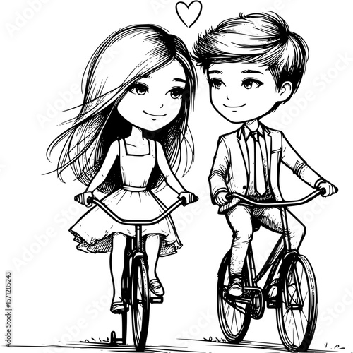 Couple on Bicycle: A tender black and white illustration of a loving couple cycling together, with a heart floating above them, representing the beauty of connection and shared moments.