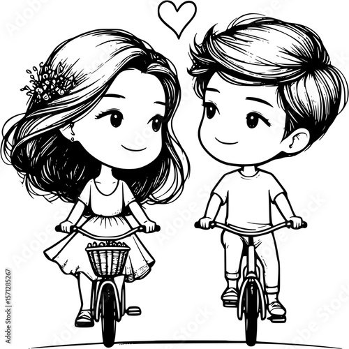 Charming Cartoon Couple Cycling: Two adorable cartoon characters on bicycles, sharing a sweet moment with a heart above them, perfect for Valentine's Day or romantic themes.