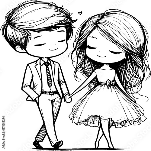 Animated Couple in Love: An adorable animated couple strolls hand-in-hand, a sweet heart floating overhead, capturing a timeless symbol of romance and affection. 
