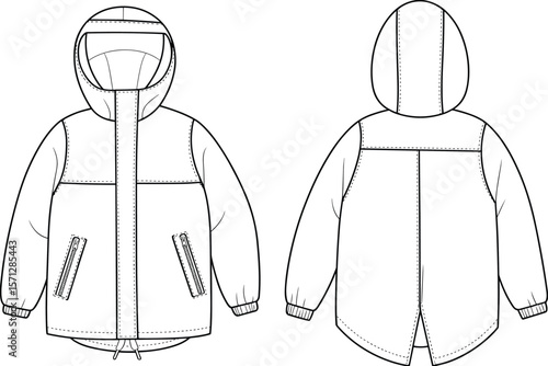 Technical flat sketch of kids hooded winter jacket with zipper pockets, drawstring hem, elastic cuffs, back yoke, and long sleeves