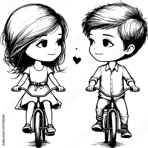 Cute Bike Ride: A sweet black and white illustration captures the tender moment of a boy and girl riding bikes together, their eyes meeting with a shared glance of fondness and connection. 