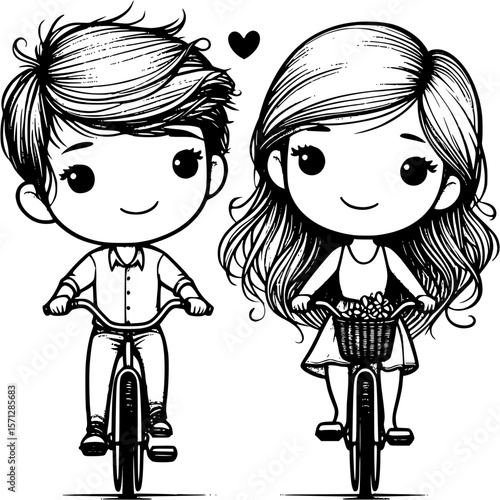 Charming Bicycle Ride: Capturing the essence of love, a delightful couple embarks on a bicycle adventure, joyfully exploring a romantic path together, symbolizing togetherness and shared journey.