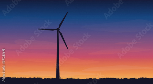 A silhouette of a wind turbine stands against a gradient sunset sky