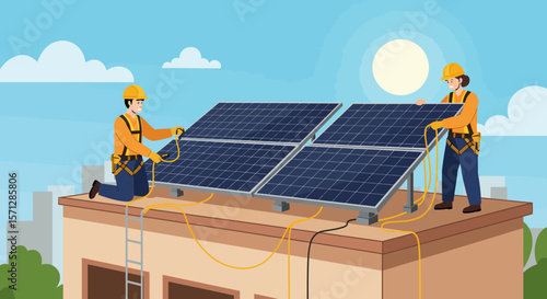 Two workers installing solar panels on a rooftop