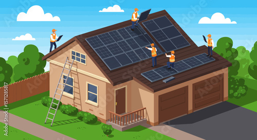 A team of workers installs solar panels on a residential rooftop
