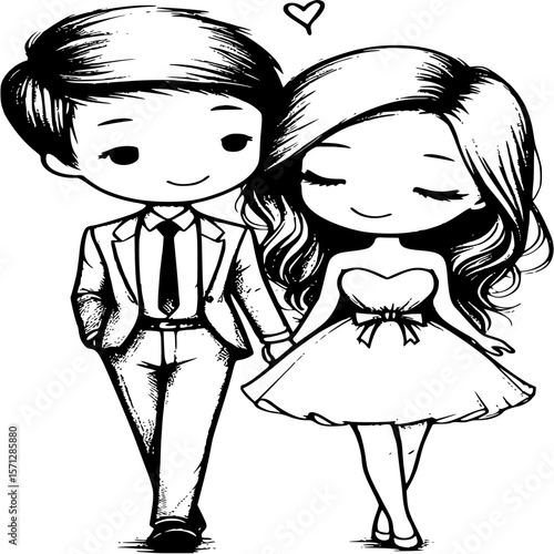 Sweethearts Stroll Hand-in-Hand: An endearing cartoon depicts a couple of lovebirds, hand in hand, embodying affectionate embrace as they walk forward.