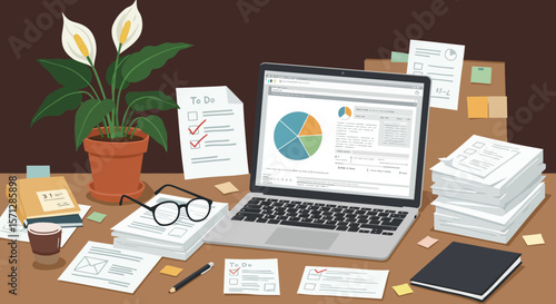 A desk with a laptop plant todo lists and papers