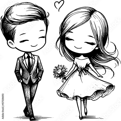 Eternal Bond: A loving couple, radiant with happiness, embarks on their journey together, a simple yet profound illustration depicting the start of a new chapter, where love conquers all.