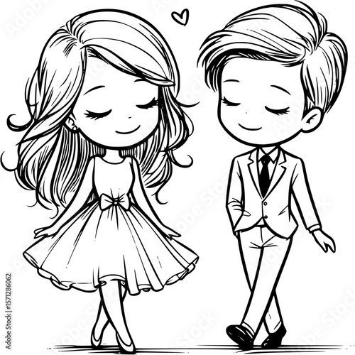 Illustration of Young Couple in Love: An artistic line drawing captures the essence of young love, depicting a charming couple walking side-by-side.