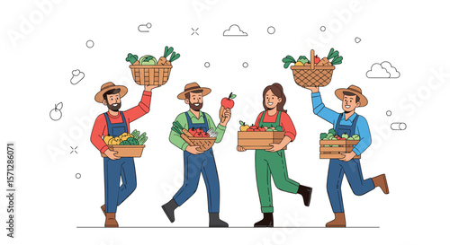 Diverse farmers celebrate abundant harvest sharing fresh produce together