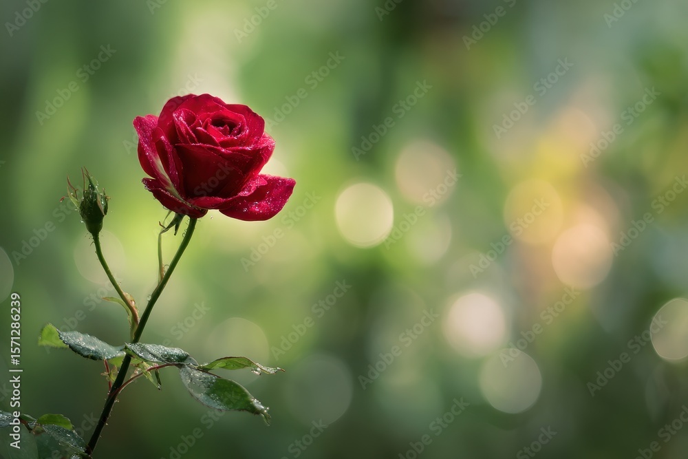 Solitary crimson rose with green blurred nature backdrop Solitary crimson rose with green blurred nature backdrop