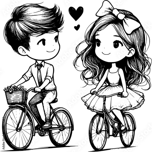 Love on Wheels: A romantic illustration showcasing a charming couple, each riding their bicycles, with hearts floating above them, symbolizing love and togetherness. 