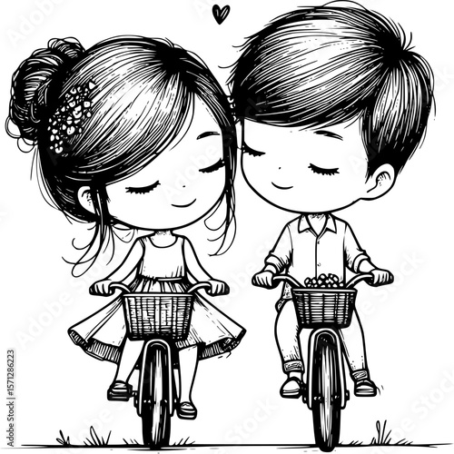 Love's Pedal Strokes: An adorable illustration of a loving couple pedaling bicycles, their hearts intertwined with the simple joys of life. Evoking a sense of serenity and timeless affection.