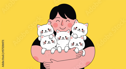Joyful person embracing a group of adorable fluffy kittens together with delight