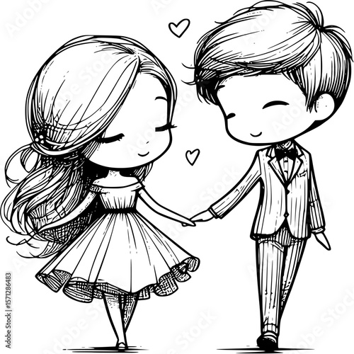 Eternal Bond: In this enchanting black and white illustration, a couple, united in their shared affection, holds hands. Two hearts float gently around them, encapsulating their sweet, tender emotion.