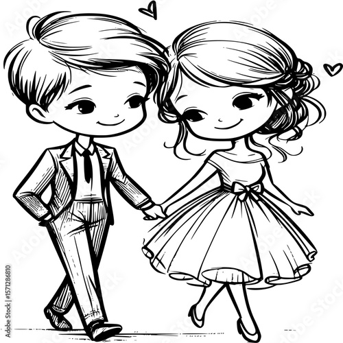Hand-in-Hand Happiness: An adorable couple, captured in a sketch, strolls with linked hands. Radiating love and joy, and symbolizing unity.