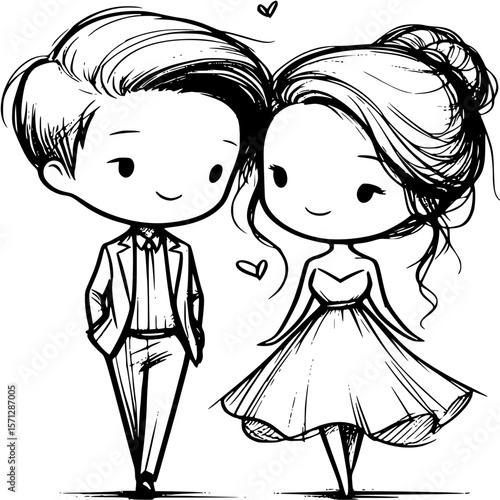Lovely Couple in Monochrome Harmony: This illustration captures the sweet essence of love, featuring a tender couple in a sophisticated sketch of their unique story.