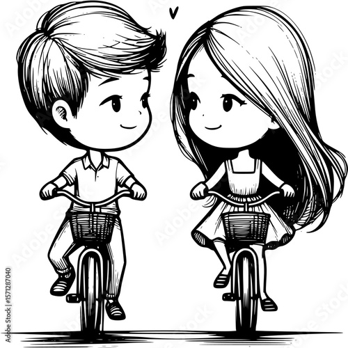 Joyride of Two Hearts: A charming illustration captures the sweet innocence of young love as a boy and girl embark on a joyful bicycle ride together, framed by a loving heart symbol. 