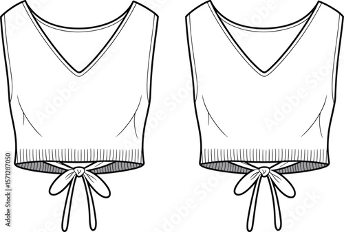 Front and back flat sketch of sleeveless tied crop top with v-neckline, fashion technical drawing vector for apparel design