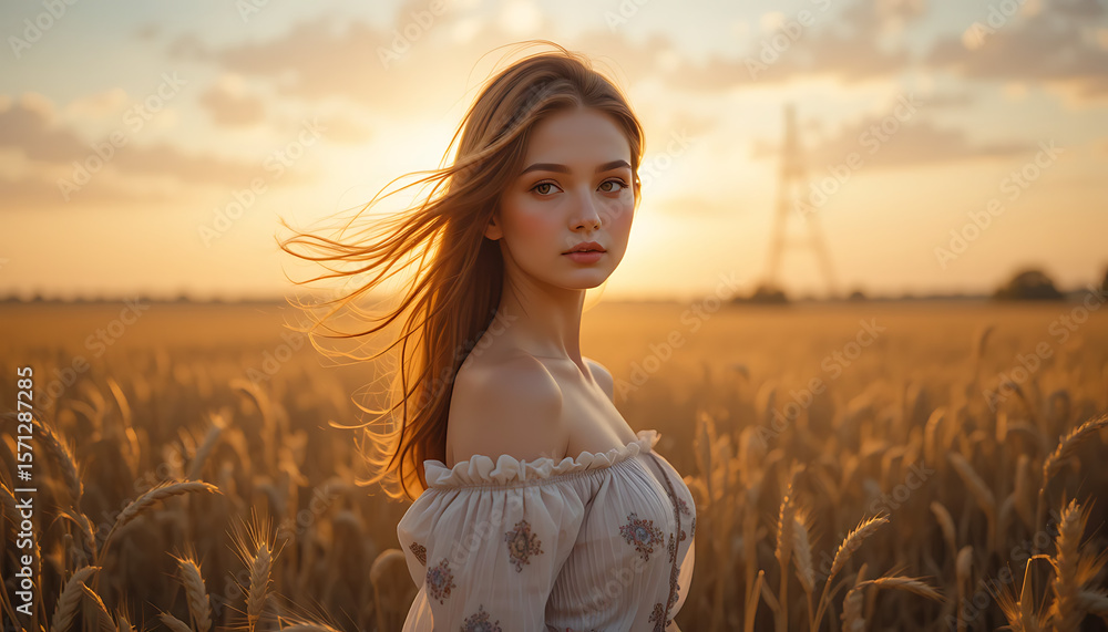 Obraz premium Young woman smiling happily in a green summer field with flowing hair and a light dress under a sunny sky