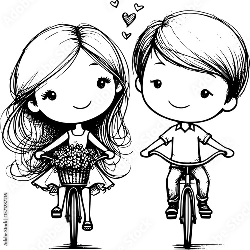 Love's Pedal: An enchanting illustration of two adorable figures, a boy and a girl, each perched upon their bicycle, their path intertwined with hearts and the promise of happiness.