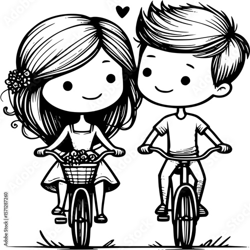 Couple's Bicycle Ride: A charming illustration of a young couple joyfully riding bicycles, embodying love and shared adventures, with each detail adding to the whimsical charm of the moment.