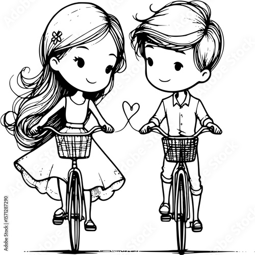 Love on Wheels: A charming depiction of a couple's romantic bicycle ride, connected by a heart, embodying joy, togetherness, and a shared journey of love. 
