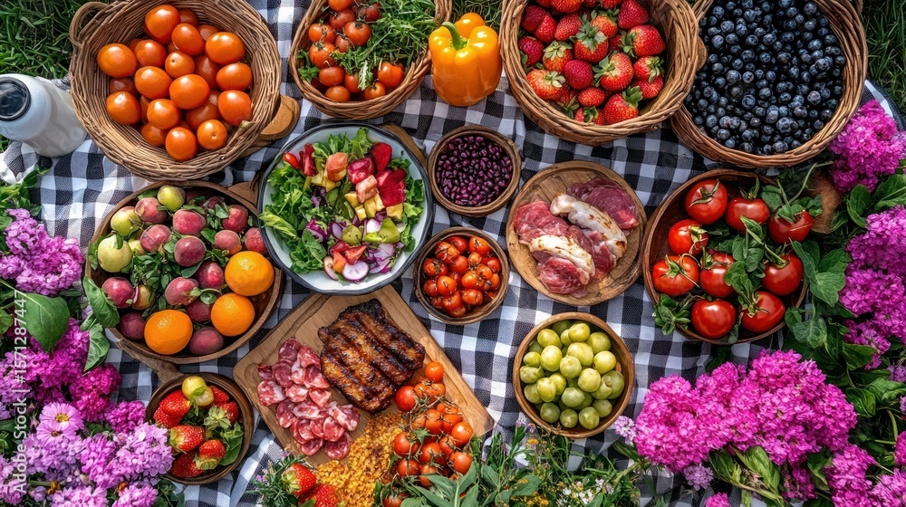Fototapeta premium Colorful picnic spread with fresh fruits and vegetables