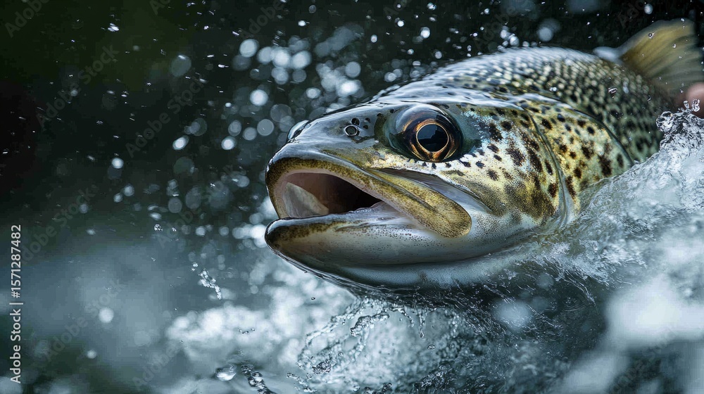 A trout leaps from the water, its vibrant scales shimmering as droplets fall, embodying the wild spirit A trout leaps from the water, its vibrant scales shimmering as droplets fall, embodying the wild spirit