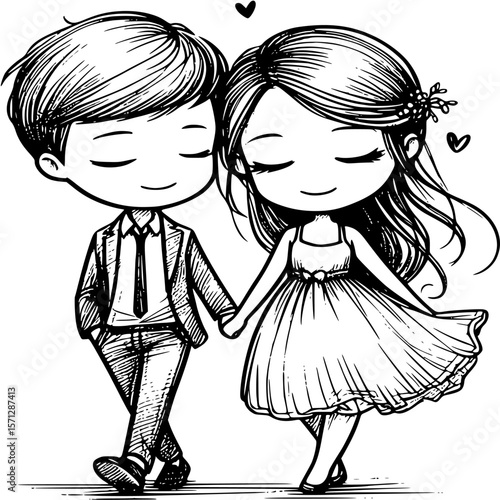 Eternal Bond in Sketch: A tender illustration of a charming couple, hand in hand, navigating the path of love, as hearts subtly float above them.