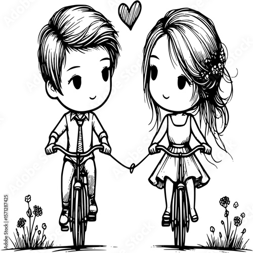 Eternal Bicycle Ride: An enchanting line drawing portrays a sweet moment where a couple pedals bikes in sync, their hands united with a shared rope.