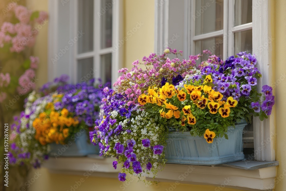 Fototapeta premium Spring flowers flourishing in window boxes