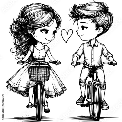 Forever on Two Wheels: Two young lovebirds share a moment on bicycles. Their eyes meet and a heart floats above, showing the budding joy.