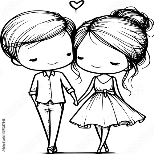 Couple in Love: A charming line drawing showcases a loving couple walking hand in hand, exuding warmth and affection, their connection symbolized by a delicate heart hovering above.