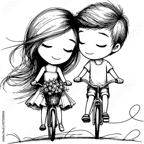 Eternal Bike Ride: A lovely pair of young lovers embrace the moment of cycling together, symbolizing everlasting love with the simplicity of a pen sketch.