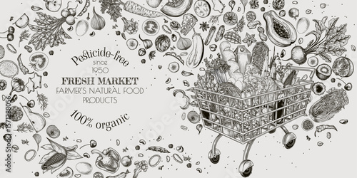 Vector illustration of a metal grocery cart with scattered ingredients. Template for grocery store with vegetables and fruits. Banner with farm products in engraving style. Healthy eating