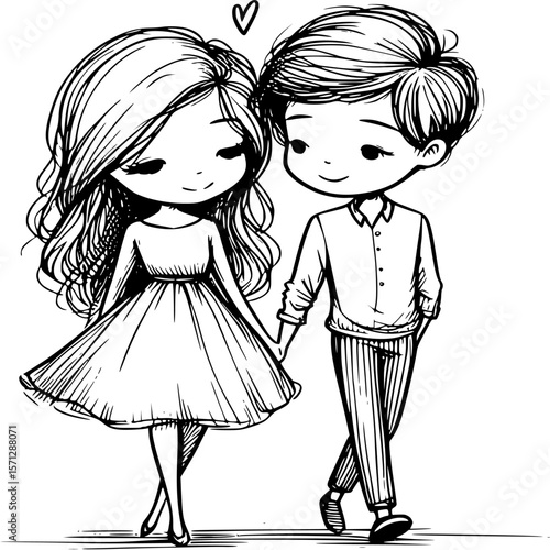 Couple in Love: A romantic black and white illustration capturing a walking couple hand in hand, exuding a sense of innocent love and tender connection, with a heart hovering above.