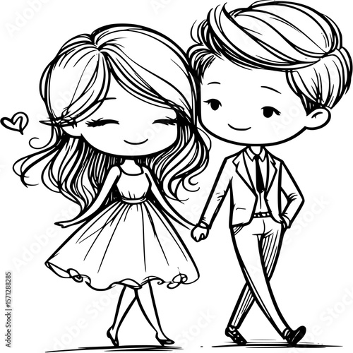 Charming Couple's Stroll: A heartwarming illustration captures a smiling couple walking hand in hand, their joyful connection radiating pure bliss.