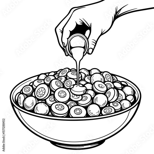 Hand Pouring Dressing Over Salad Bowl, Clean Eating Bold Coloring Page