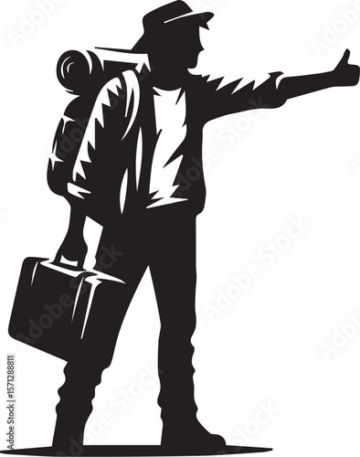 Print Hitchhiker with Backpack and Suitcase Silhouette