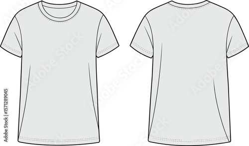 Unisex basic t-shirt flat sketch, front and back view, vector fashion template, casual short sleeve crew neck tee design