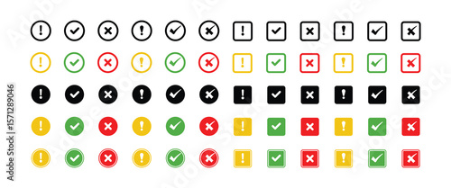 Colorful Check, Cross, and Alert Icons Set for UI/UX Design - Editable Vector Symbols