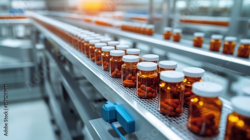 High-tech conveyor belt sorting pharmaceutical bottles in an automated warehouse. Efficient logistics in a clean, industrial setting.