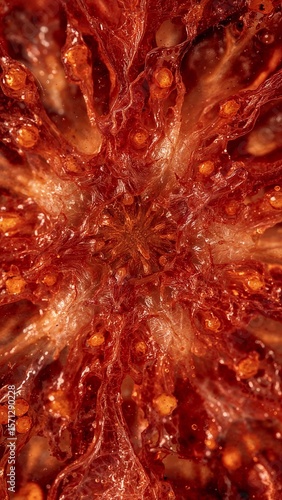 A close up view of a red fruit interior with visible seeds and fleshy texture in detailed macro shot