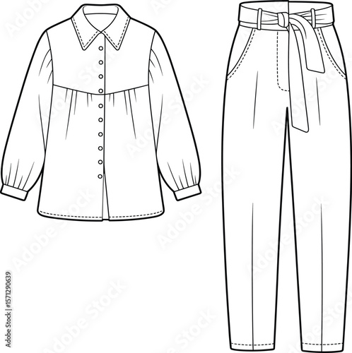 Girls long sleeve blouse with yoke, belted high waist pants, fashion flat sketch, kids clothing vector, front view design