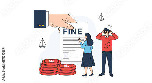 Financial penalty receipt and confused people showing disappointment with money stacks