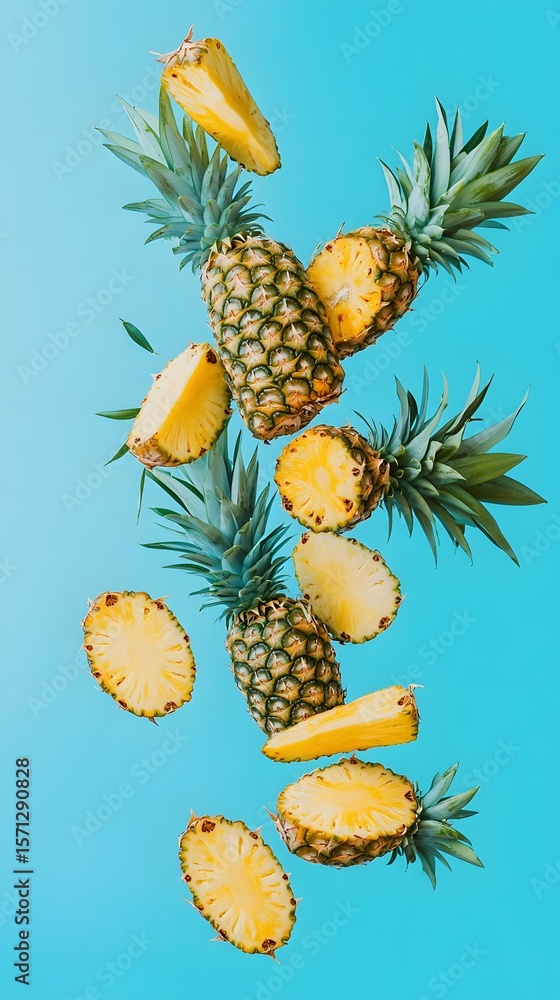 Fototapeta premium Pineapple slices in mid-air against a vibrant blue background.