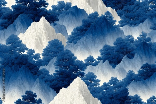 Serene Blue Mountain Landscape with Lush Trees