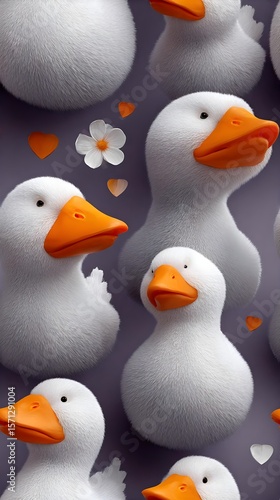 Whimsical duck heads with playful hearts and flowers