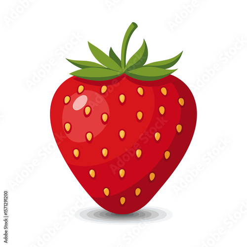 Fresh Red Strawberry with Green Leaves, Fruit Vector Illustration